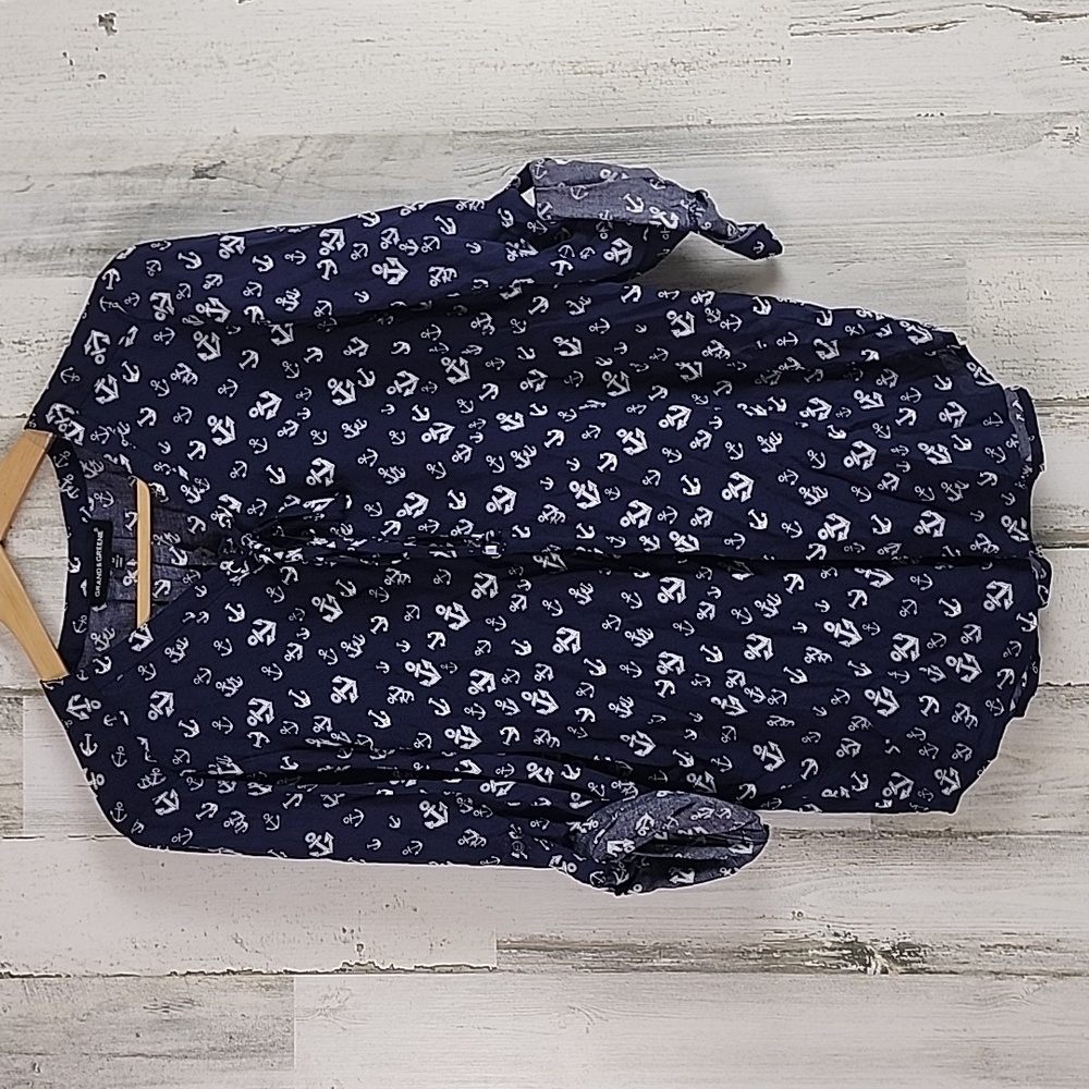 Grand & Greene navy blue white anchors sailor top tabbed sleeve Size Medium